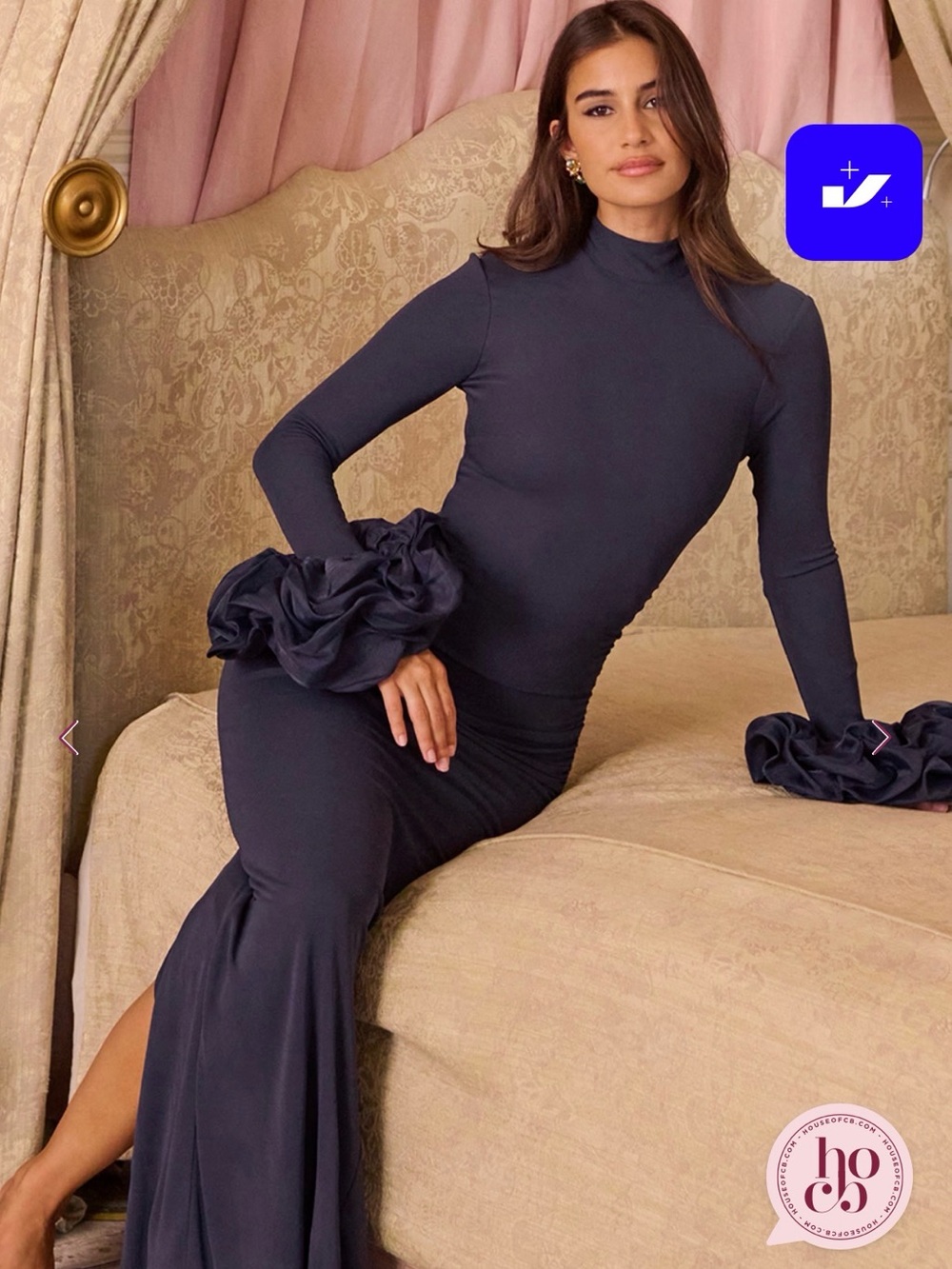 House of CB Fabienne Navy Long-Sleeve Maxi Gown with Floral Cuffs - Picture 3 of 9